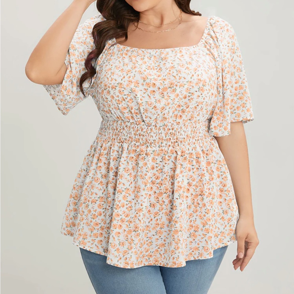 Ditsy Floral Ruffle Sleeve Shirred Square Neck Blouse